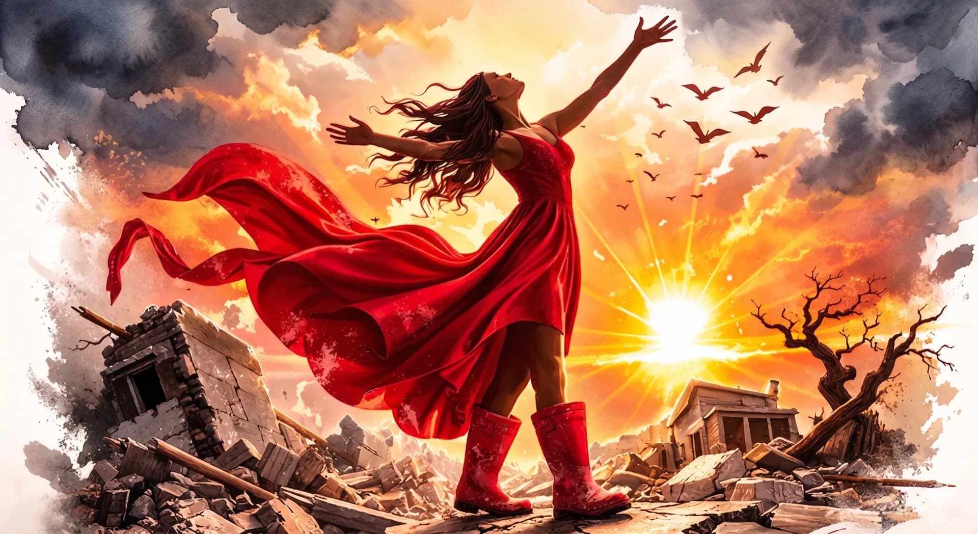 Woman in red rising above ruins toward the sunrise — Healing Emporium
